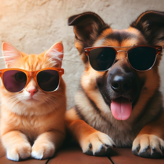 Funny cat and dog wearing glasses