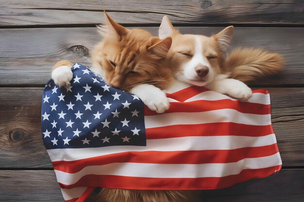 Funny cat and dog with big America USA flag celebrates 4th of July Independence Day