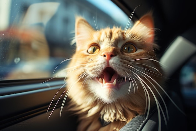 Foto un gatto divertente guida un'auto giocattolo in città