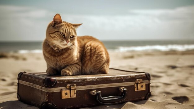 Funny cat going on beach vacation cat relaxing on vintage suitcase on the beach Generative AI