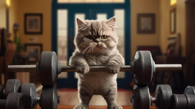 Funny cat in the gym in training sports weight loss healthy lifestyle The cat pulls weight dumbbells exercise pumps muscles AI generated