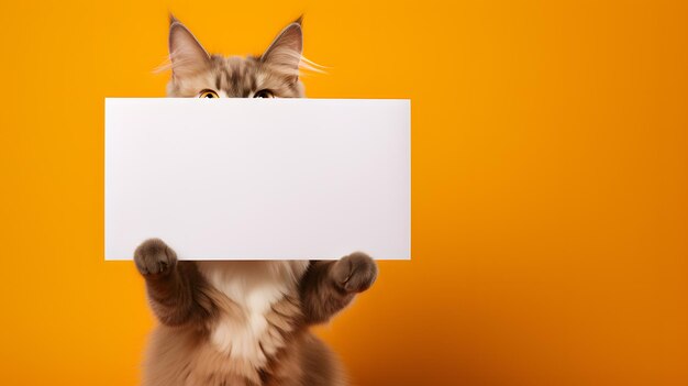 Photo funny cat holding blank card on orange background