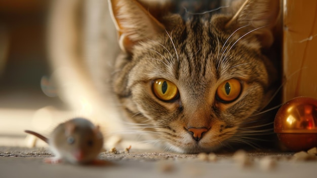 Funny cat hunting to mouse on floor portrait of happy domestic kitty before pounce face of cute pet playing at home Concept of attack hunter animal closeup stalking