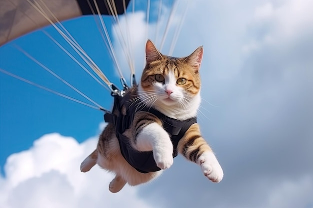Foto il gatto divertente sta volando su un paracadute nel cielo ia generativa