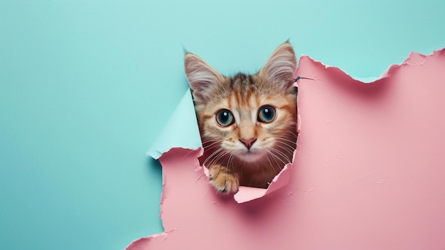 Funny cat looks through ripped hole in pastel color paper background Peekaboo AI Generative