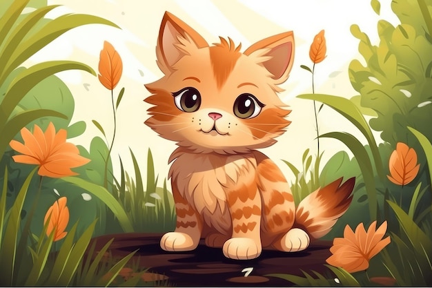 Funny cat in nature Drawn cartoon animal pet illustration Generative ai