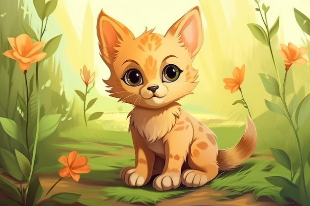 Funny cat in nature Drawn cartoon animal pet illustration Generative ai