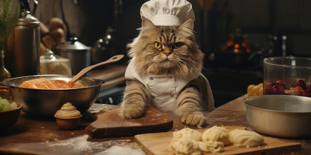 Funny cat prepares food in the kitchen Generative AI High quality photo