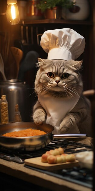 Photo funny cat prepares food in the kitchen high quality photo