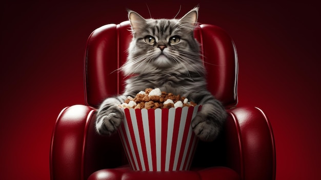 funny cat in a red cat glasses and a popcorn in a cinema chair