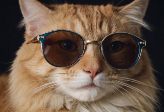 funny cat in round sunglasses closeup