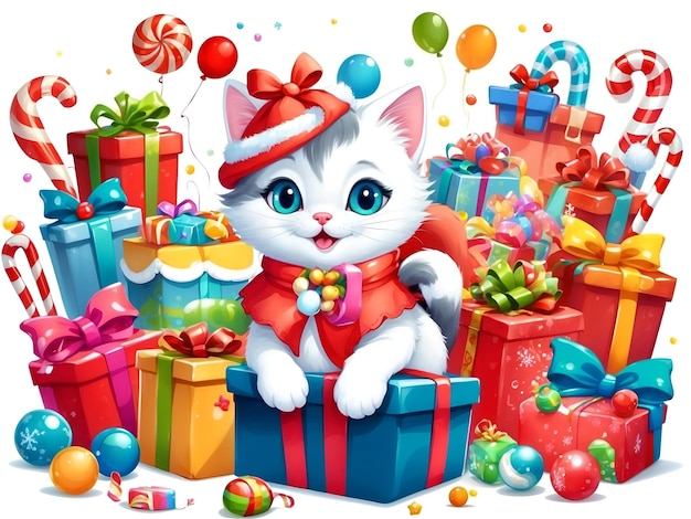 Funny cat smiling at the party with balloons presents and candies isolated over white background