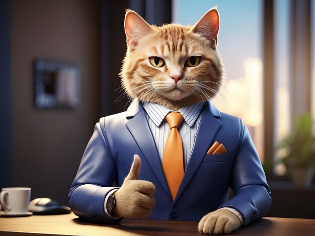 Funny cat in suit and tie shows thumbs up Business concept Generative Ai