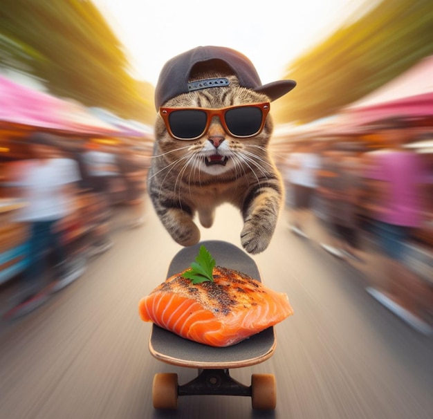 funny cat thieve wear cap and sunglass escape on skateboard from market with stolen grilled salmon