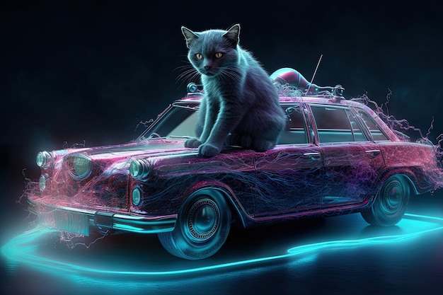 Funny cat on toy car illustration generative ai