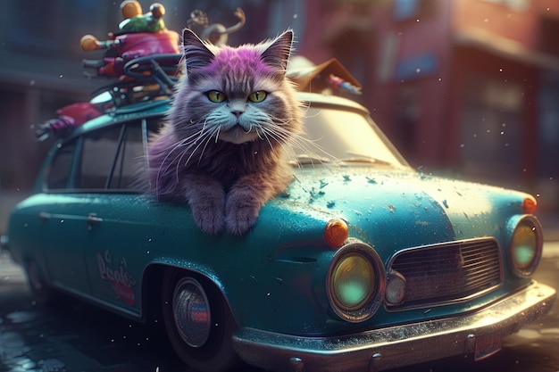 Funny cat on toy car illustration generative ai