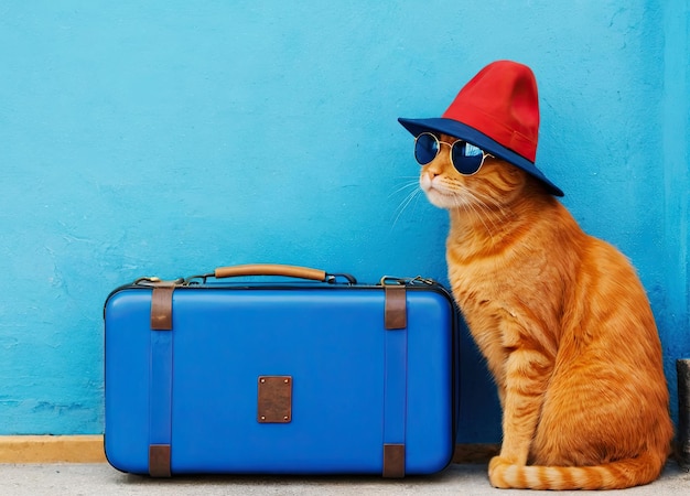 写真 レトロスーツケースを持った面白い猫旅行者