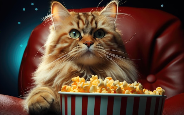 映画のポップコーンを見ている3Dメガネをかぶった面白い猫