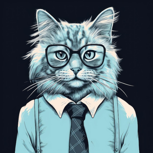 Photo funny cat wearing social clothes tie suit drawing