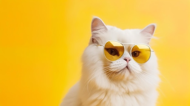 Funny cat wearing sunglasses on yellow pastel color background generative ai