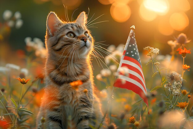 Photo funny cat with big america usa flag celebrates 4th of july independence day