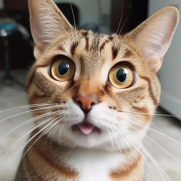 Funny cat with big expressive eyes and attentive gaze in the room close up AI generation