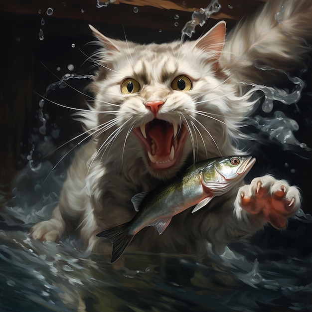 Funny cat with a big fish in his mouth Illustration generated ai