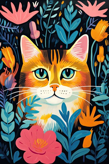 Funny cat with flowers and leaves on dark background created by generative AI technology