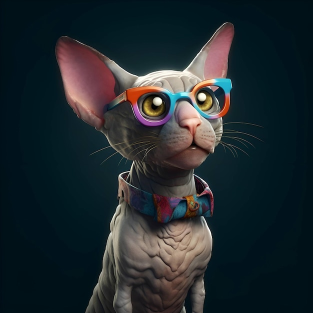 Funny cat with glasses and bow tie Isolated on dark background