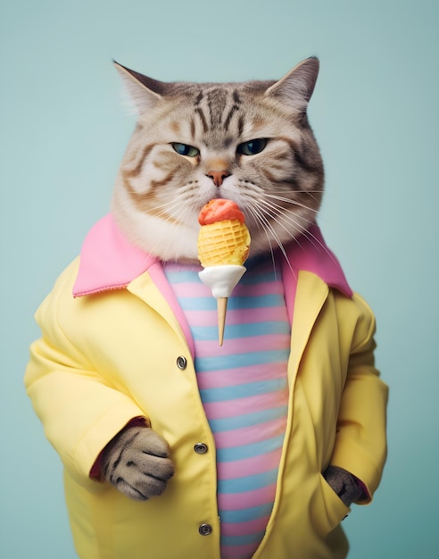 Funny cat with ice cream in a yellow jacket on a blue background