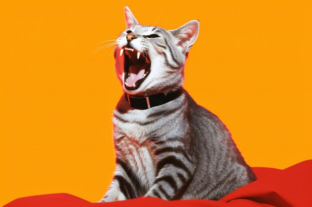 Photo funny cat with open mouth on orange background studio shot