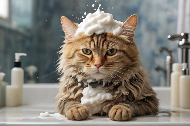 A funny cat with shampoo foam on his head sits in the bathroom