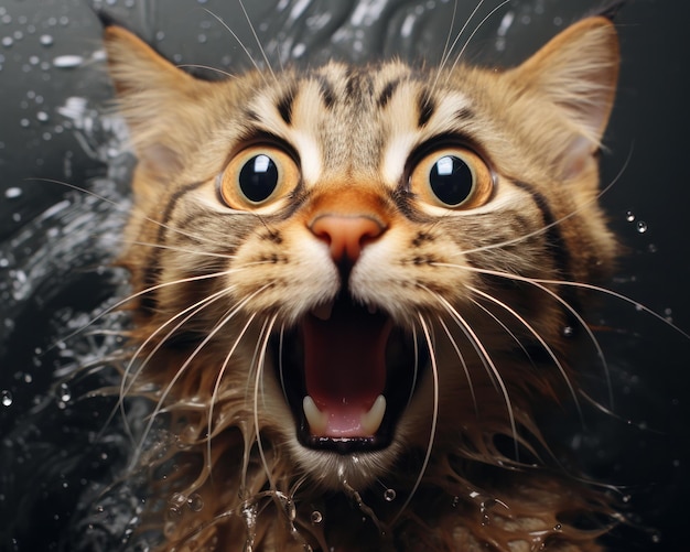 Photo funny cat with wet fur that has a mouth open