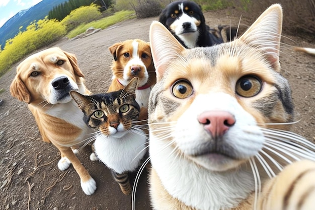 Selfie のクローズ アップを取っている面白い猫と犬