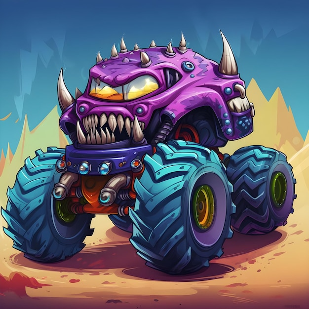 Photo funny character cartoon monster truck with powerful engine