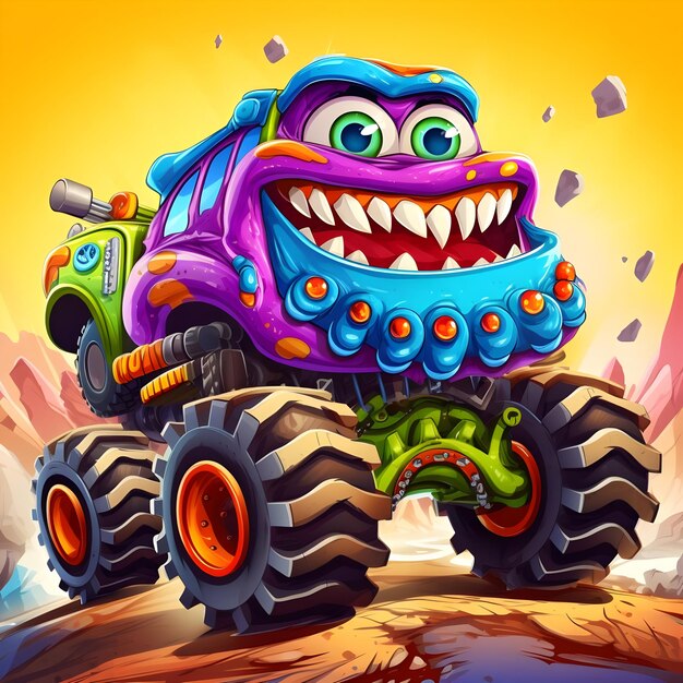 Photo funny character cartoon monster truck with powerful engine