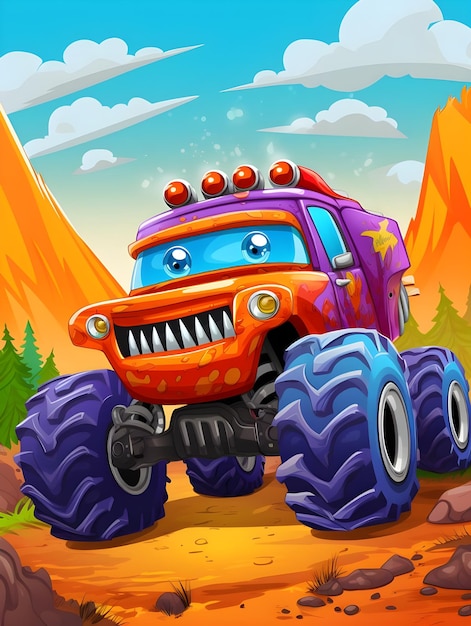 Funny character cartoon monster truck with powerful engine