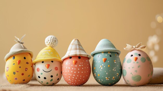 Забавные персонажи с пасхальными яйцами с шляпами и нарисованными лицами на бежевом фоне
