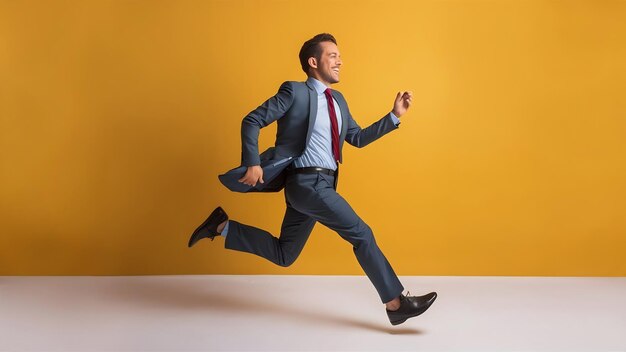 Photo funny cheerful businessman running over white studio background