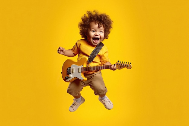 Funny cheerful cool child playing guitar and singing made with Generative AI