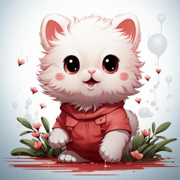 Funny cheerful drawn kitten in red and white colors AI generated