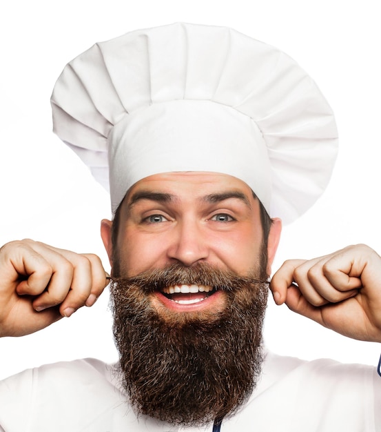 Funny chef with beard cook. Portrait of a happy chef cook. Cook hat. Bearded chef, cooks or baker. Bearded male chefs isolated on white.