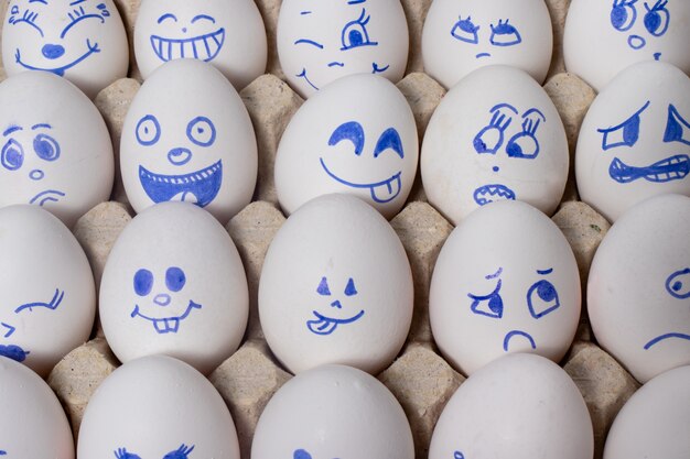 Photo funny chicken eggs with different faces.