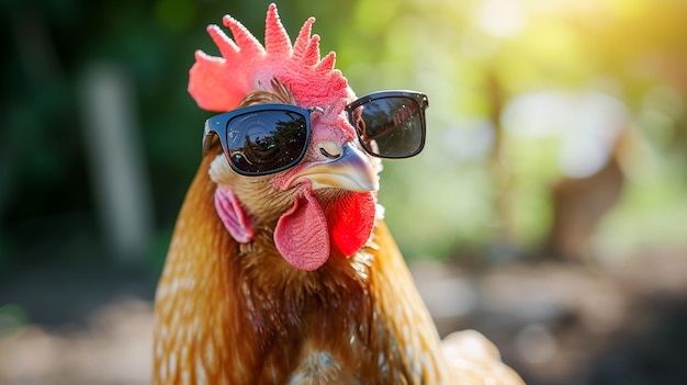 Photo funny chicken portrait in sunglasses chicken with sunglasses on ai generative