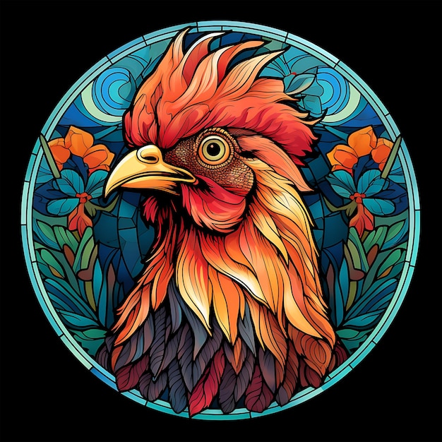A Funny Chicken in a Stained Glass Circle Shape Window Design