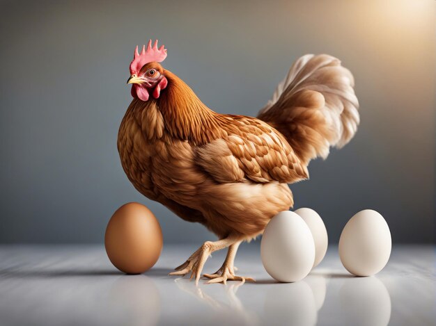 a funny chicken standing with eggs white background