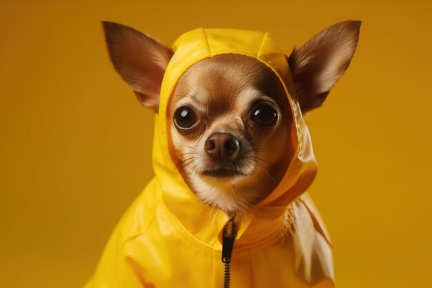 Funny chihuahua dog posing in a yellow raincoat on a yellow background raincoat for dogs generative ai