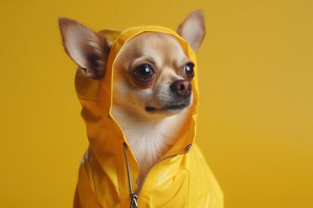 funny chihuahua dog posing in a yellow raincoat on a yellow background raincoat for dogs generative AI