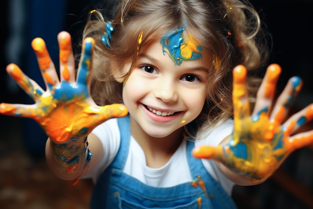 Забавная девочка рисует, смеясь, показывает руки, грязные цветной краской, маленький ребенок играет с цветами.