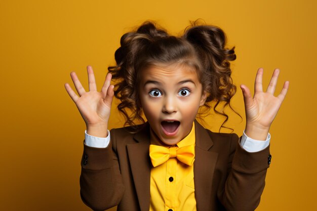 Photo funny child school girl on yellow bacground